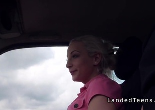 Blonde teen hitchhiker bangs encircling buggy